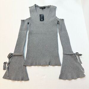 NWT INC Sweater Cold Shoulder Silver Metallic Ribbed Knit Bell Sleeve, Size XS